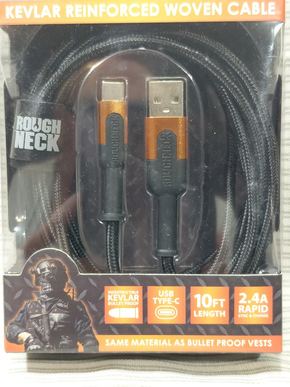 NEW Roughneck Kevlar Reinforced USB-C Cable - Black Charging Cable 10' Long